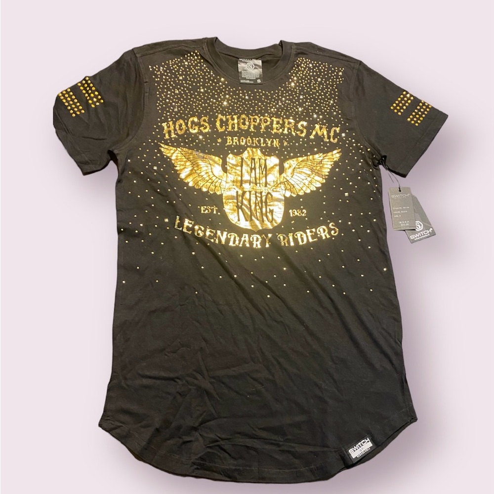 Switch‎ Remarkable Hogs Choppers Legendary Riders '"I Am King" Gold Sequin Shirt